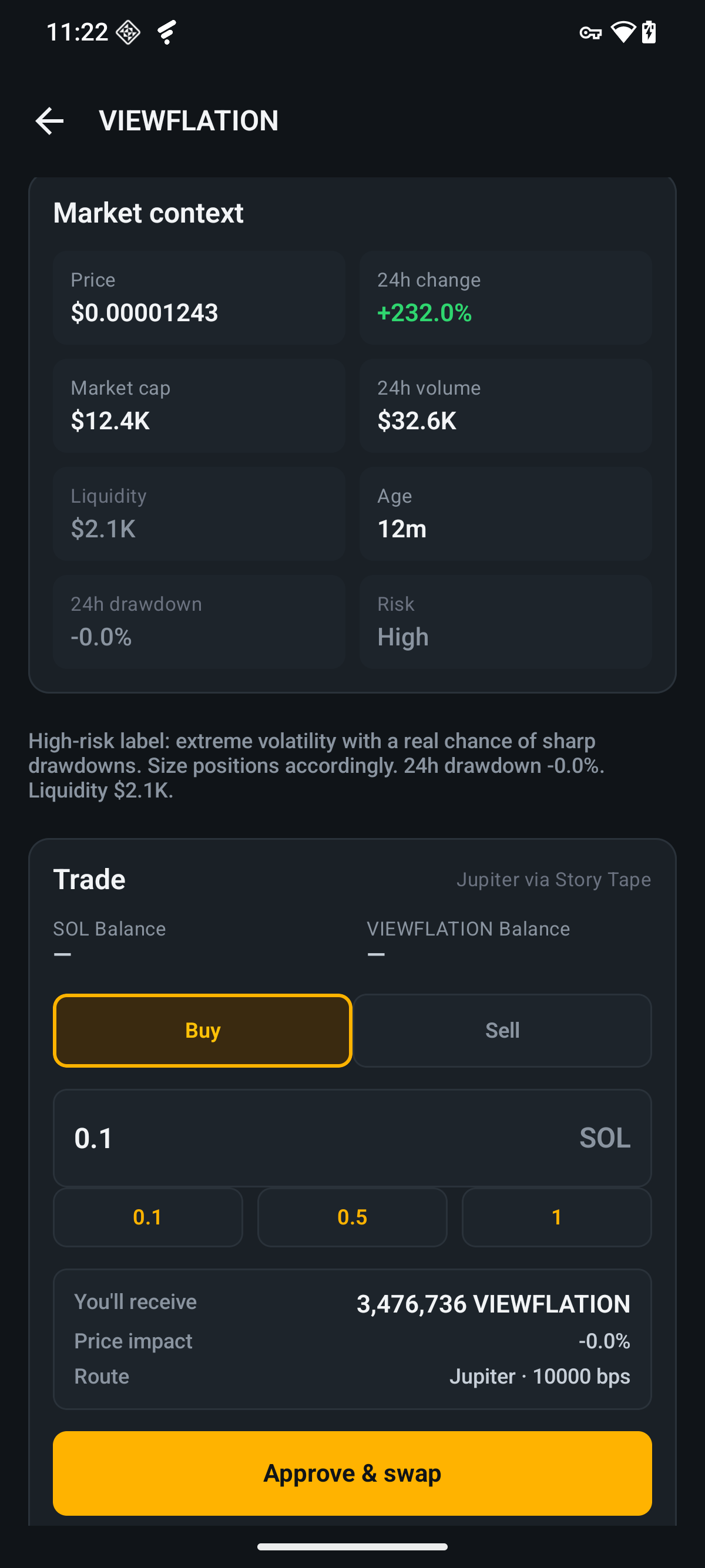 Trade card on device — a real Jupiter quote preview showing the amount you would receive and price impact