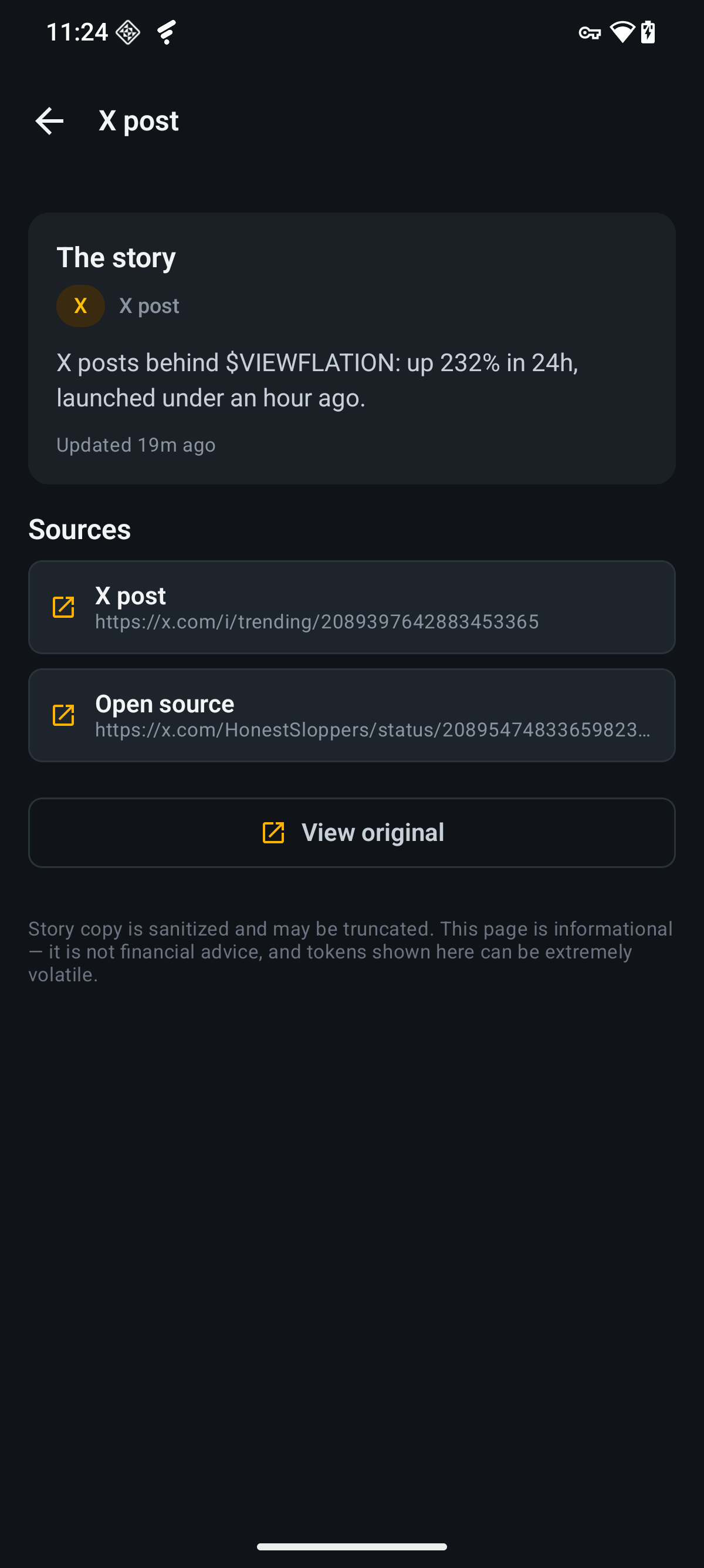 Source story screen on device — sanitized news summary with source-type label and source links