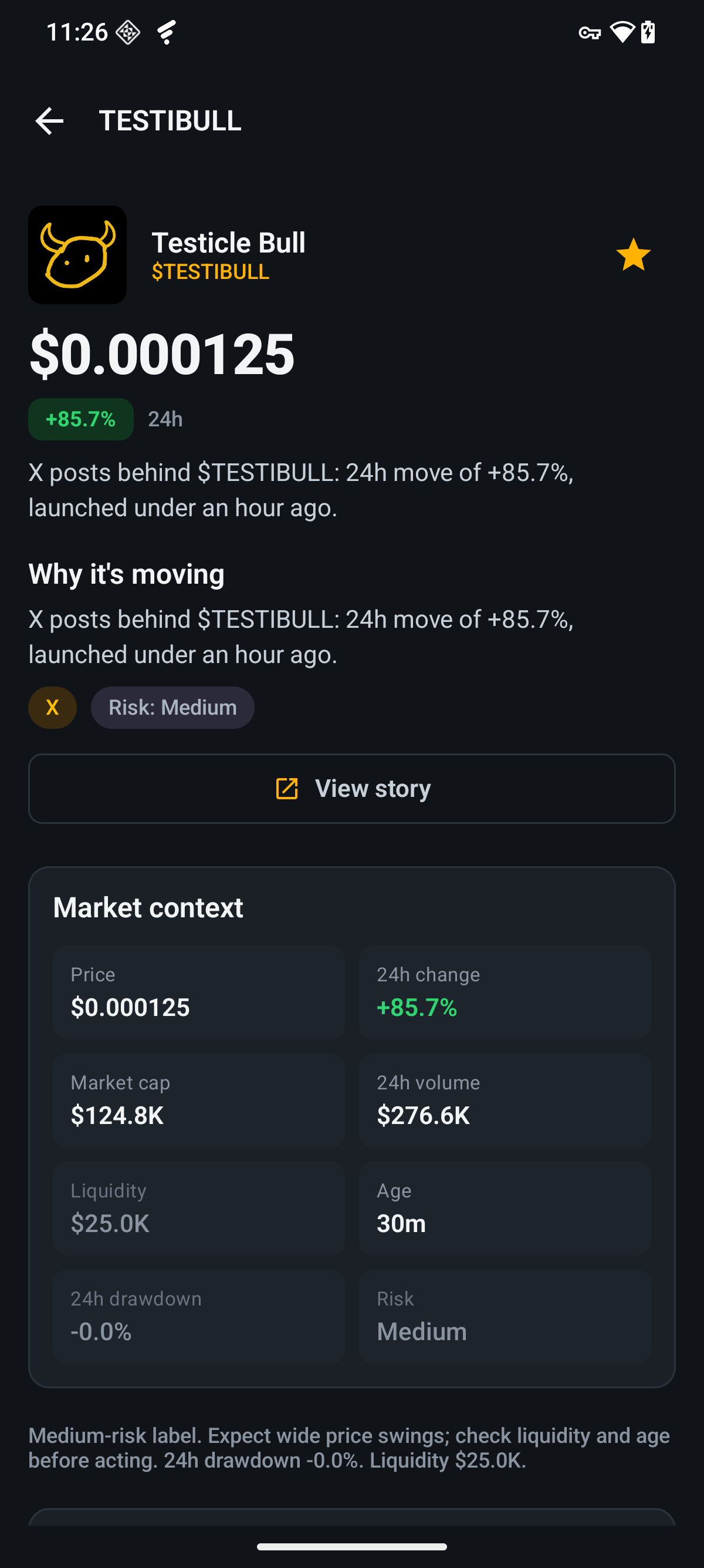 Token detail on device — hero price, story block with source links, market context grid and risk notes